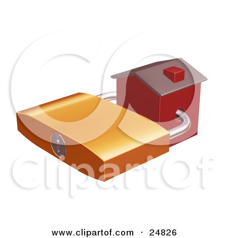 Clipart Illustration of a Foreclosed Red Home Locked With A Golden Padlock by KJ Pargeter
