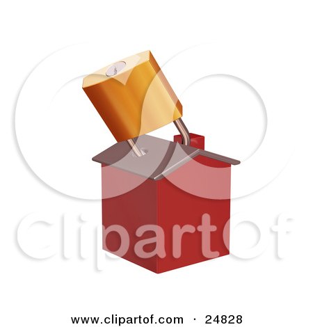 Clipart Illustration of a Red Home Locked With A Golden Padlock, Symbolizing Foreclosure by KJ Pargeter