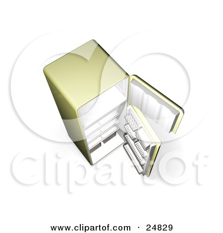 Clipart Illustration of a Green Fridge With Open Doors And Empty Shelves, As Seen From Above by KJ Pargeter