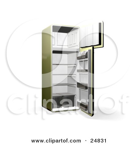 Clipart Illustration of an Olive Green Refrigerator With Open Doors Showing An Empty Freezer And Cooling Section by KJ Pargeter