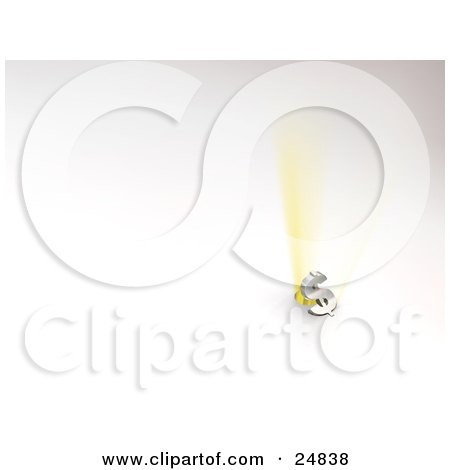 Clipart Illustration of Golden Light Beams Bursting Behind A Silver Dollar Sign, Over White by KJ Pargeter
