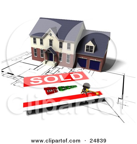 Clipart Illustration of a Two Story Brick House With Two Garages, On Top Of Blueprints With A Sold Sign by KJ Pargeter