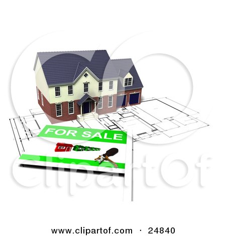 Clipart Illustration of a Two Story Brick Home With Two Garages, On Top Of Blueprints With A For Sale Sign by KJ Pargeter