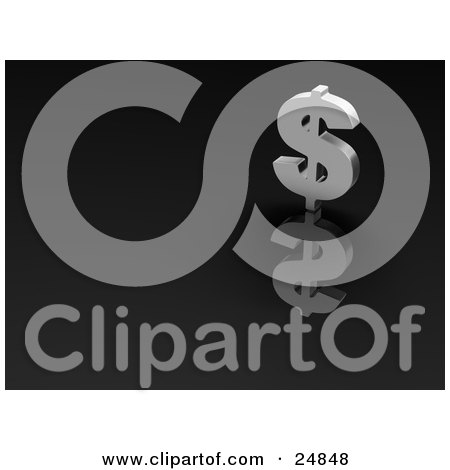 Clipart Illustration of a Silver Dollar Sign Standing Up Over Its Reflection On A Black Surface by KJ Pargeter