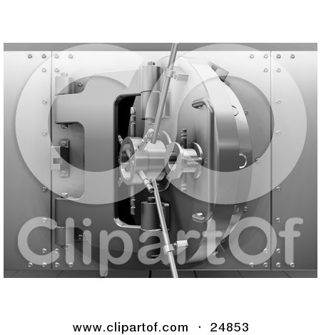 Clipart Illustration of a Silver Bank Vault With A Partially Open Door by KJ Pargeter