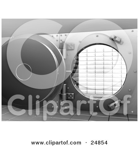 Clipart Illustration of an Open Chrome Bank Vault Showing Security Boxes by KJ Pargeter