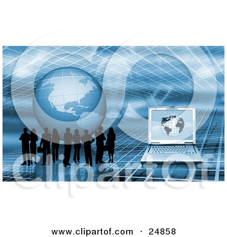 Clipart Illustration of Silhouetted Business People Standing On A Blue Grid Surface With A Globe And Laptop Computer by KJ Pargeter