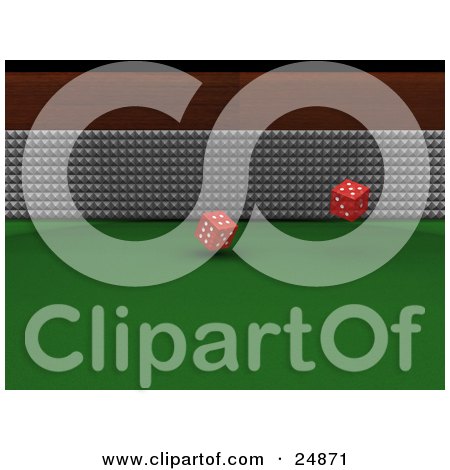 Clipart Illustration of a Pair Of Red Dice Rolling Over A Green Casino Table by KJ Pargeter