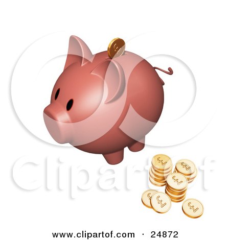 Clipart Illustration of a Pink Piggy Bank With Stacks Of Sterling Coins, One Coin Going Into The Slot by KJ Pargeter