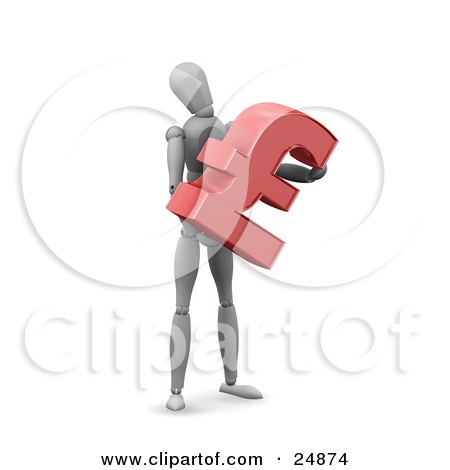 Clipart Illustration of a White Model Character Standing And Holding A Red Pound Sterling Symbol by KJ Pargeter