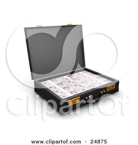 Clipart Illustration of Twenty Pound Notes Stacked Inside An Open Black Briefcase by KJ Pargeter