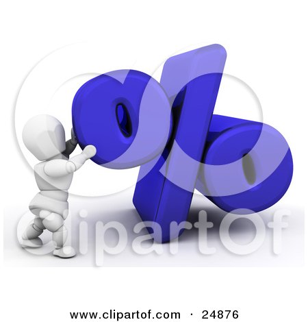 Clipart Illustration of a White Character Pushing Up A Blue Percentage Symbol, Symbolizing Percentage Rates For Loans by KJ Pargeter