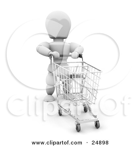 Clipart Illustration of a White Character Pushing An Empty Blue Handled Shopping Cart In A Store by KJ Pargeter