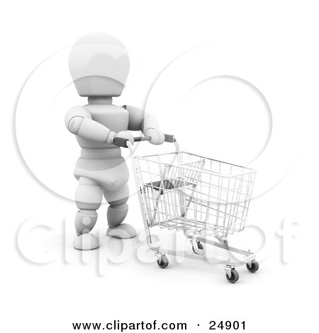 Clipart Illustration of a White Character Pushing A Blue Handled Shopping Cart In A Store by KJ Pargeter