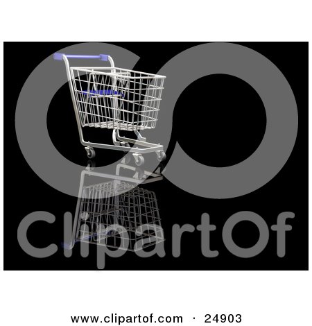 Clipart Illustration of an Empty Blue And Silver Shopping Cart In A Store, Over A Reflective Black Surface by KJ Pargeter