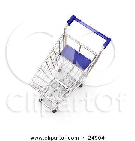 Clipart Illustration of an Empty Metal Shopping Cart With A Blue Handle In A Store by KJ Pargeter