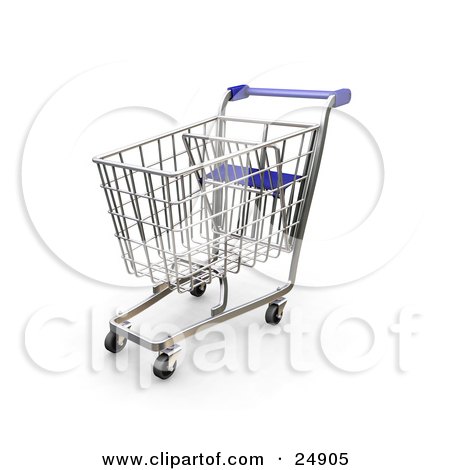 Clipart Illustration of a Metal Shopping Cart With A Blue Handle In A Store by KJ Pargeter