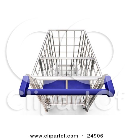 Clipart Illustration of a Blue Handled Metal Shopping Cart In A Store by KJ Pargeter