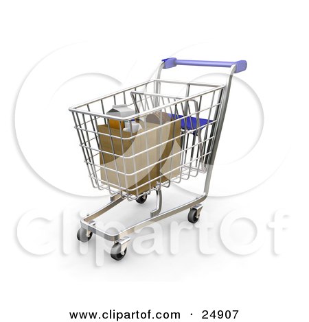 Clipart Illustration of a Blue Handled Shopping Cart With Groceries Bagged In Two Paper Bags by KJ Pargeter