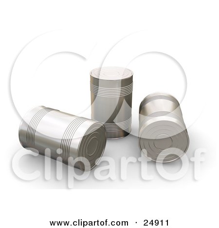 Clipart Illustration of Three Tin Soup Cans Without Any Labels, Some Knocked Over On Their Sides, One Standing by KJ Pargeter