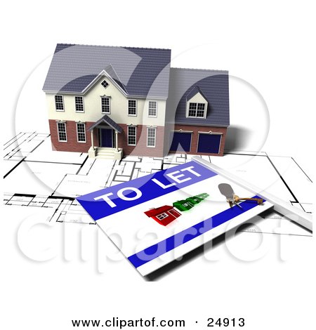 Clipart Illustration of a Two Story Brick Home With Two Garages, On Top Of Blueprints With A To Let Sign by KJ Pargeter