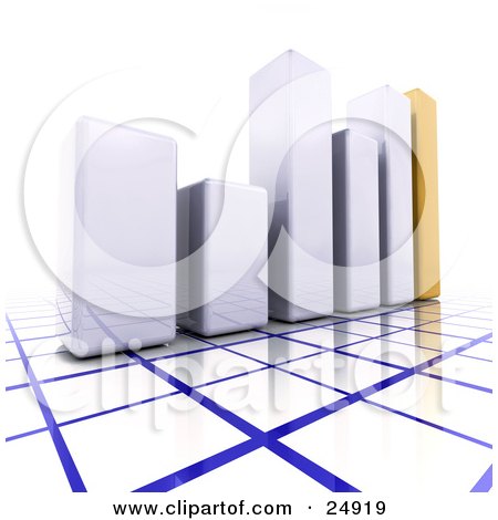Clipart Illustration of a Fluctuating Bar Graph Made Of Shiny White And Yellow Bars Over A Blue And White Grid by KJ Pargeter