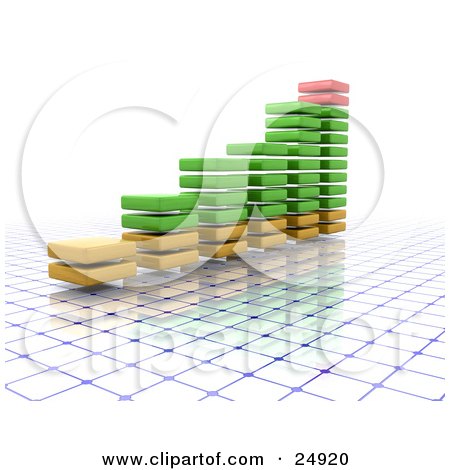 Clipart Illustration of a Red, Green And Yellow Increasing Bar Graph Of Stacked Squares, Over A Blue And White Grid by KJ Pargeter