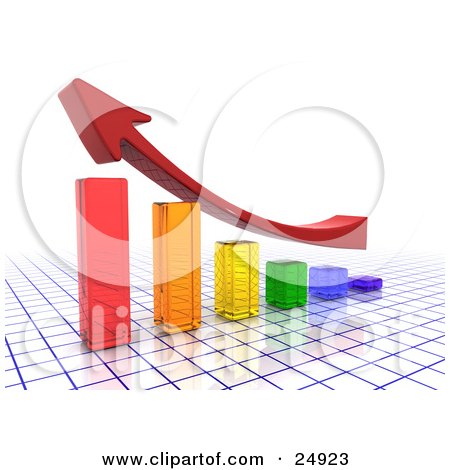 Clipart Illustration of an Upwards Red Arrow Flying Above A Clear Colorful Bar Graph On A Blue And White Grid Surface by KJ Pargeter