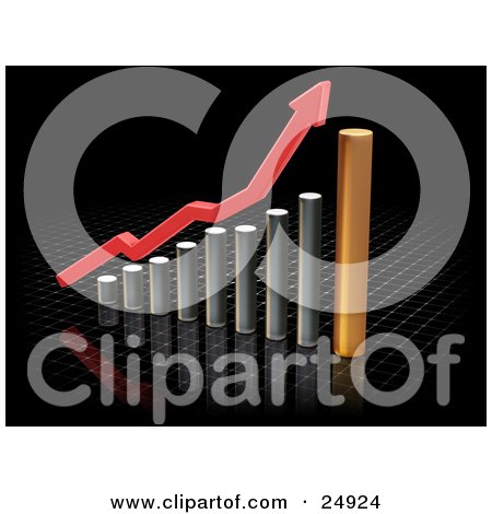 Clipart Illustration of a Red Increase Arrow Above Chrome And Gold Bars In A Graph, Over A Black Surface With White Dots by KJ Pargeter