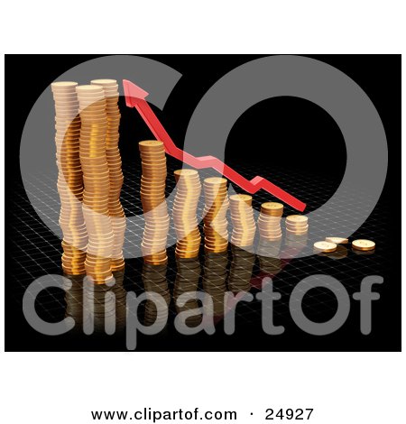 Clipart Illustration of a Red Increase Arrow Over A Bar Graph Made Of Gold Coins, Over Black by KJ Pargeter
