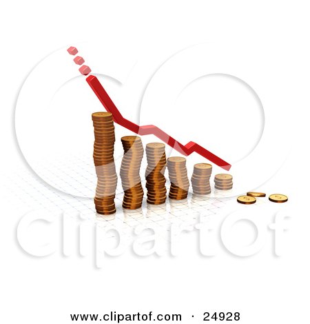 Clipart Illustration of a Red Increase Or Decrease Line Over A Bar Graph Made Of Gold Coins, Over White by KJ Pargeter