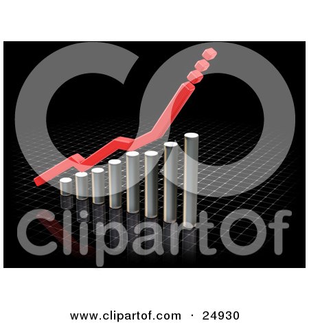 Clipart Illustration of a Red Line With Dots Above A Chrome Bar Graph, Over A Reflective Black Background by KJ Pargeter