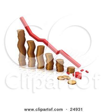 Clipart Illustration of a Decrease Red Arrow Rushing Downwards And Crashing Over A Bar Graph Made Of Golden Coins, Over White by KJ Pargeter