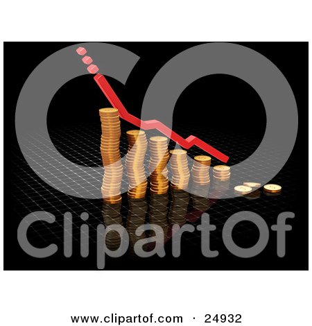 Clipart Illustration of a Red Increase Or Decrease Line Over A Bar Graph Made Of Gold Coins, Over Black by KJ Pargeter