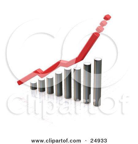 Clipart Illustration of a Red Line With Dots Above A Chrome Bar Graph, Over White by KJ Pargeter
