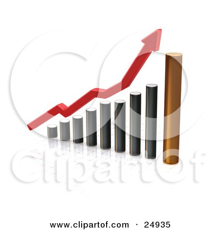Clipart Illustration of a Red Arrow Above A Chrome Graph With One Metal Bar, Symbolizing Increasing Profits by KJ Pargeter