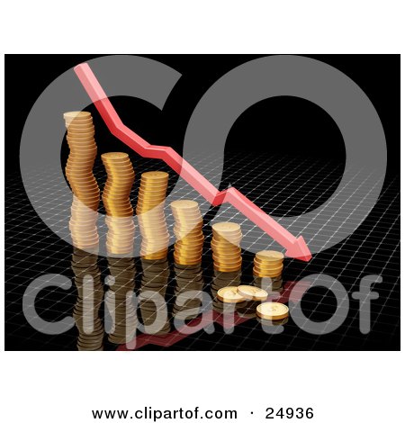 Clipart Illustration of a Decrease Red Arrow Rushing Downwards Over A Bar Graph Made Of Golden Coins, Over Black by KJ Pargeter