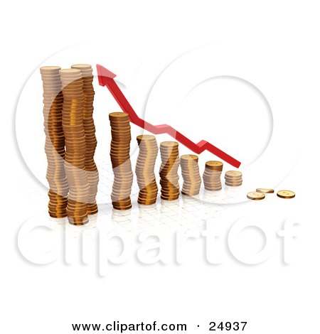 Clipart Illustration of a Red Increase Arrow Over A Bar Graph Made Of Gold Coins, Over White by KJ Pargeter