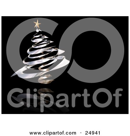 Clipart Illustration of a Gold Star On Top Of A Chrome Spiral Christmas Tree On A Reflective Black Background by KJ Pargeter