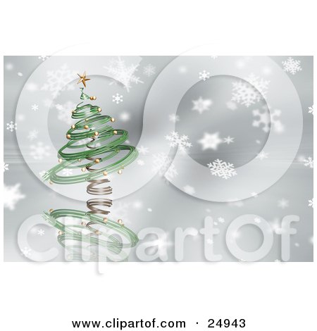 Clipart Illustration of a Green Spiral Christmas Tree With Gold Ornaments And A Star Over A Gray And White Snowflake Background by KJ Pargeter
