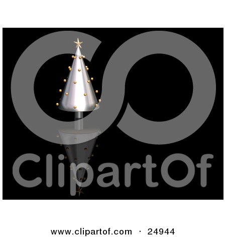 Clipart Illustration of a Silver Triangle Christmas Tree With Golden Baubles And A Star, Over A Reflective Black Surface by KJ Pargeter