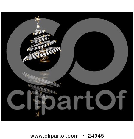Clipart Illustration of a Silver Spiral Christmas Tree With Gold Ornaments And A Star, On A Black Background by KJ Pargeter