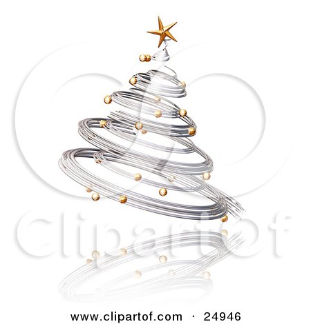 Clipart Illustration of a Silver Spiraled Christmas Tree With Gold Ornaments And A Star, Over A Reflecting White Surface by KJ Pargeter
