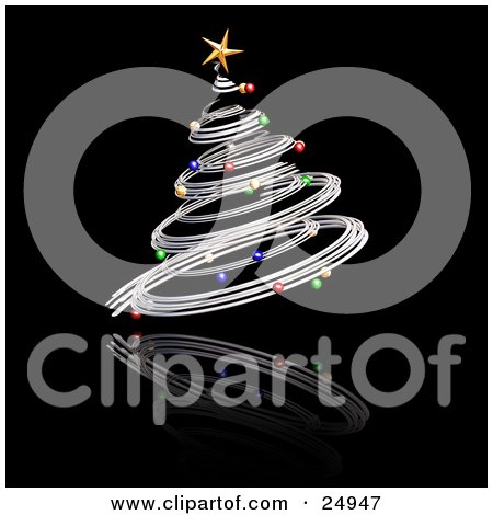 Clipart Illustration of a Silver Spiraled Christmas Tree With Colorful Ornaments And A Gold Star, Over A Reflecting Black Surface by KJ Pargeter