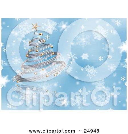 Clipart Illustration of a Chrome Spiral Christmas Tree With Gold Ornaments And A Star Over A Blue And White Snowflake Background by KJ Pargeter