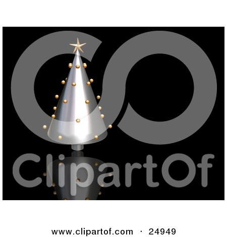 Clipart Illustration of a Chrome Triangle Christmas Tree With Golden Baubles And A Star, Over A Reflective Black Surface by KJ Pargeter