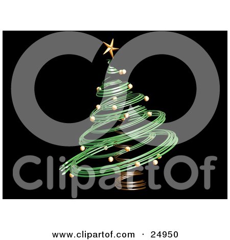 Clipart Illustration of a Green Spiral Christmas Tree With Gold Ornaments And A Star, On A Black Background by KJ Pargeter