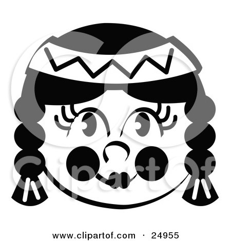 Clipart Picture of a Smiling Native American Indian Girl's Face, Her Hair In Braids, Wearing A Headband by Andy Nortnik