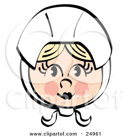Clipart Picture of a Pretty Female Pilgrim Blushing And Wearing A White Bonnet Over Her Blond Hair by Andy Nortnik