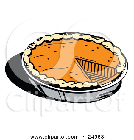 Clipart Picture of a Fresh Thanksgiving Pumpkin Pie In A Pan, Missing One Slice by Andy Nortnik
